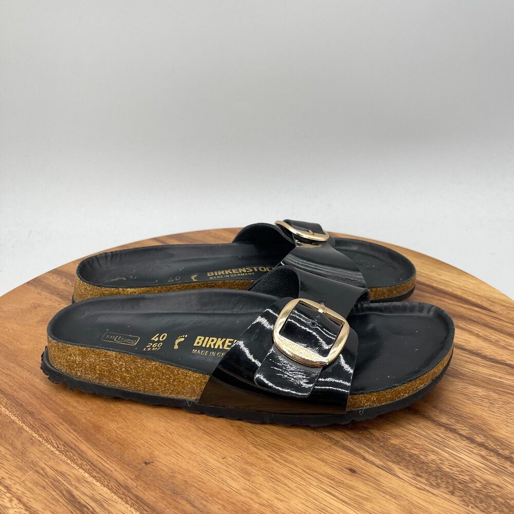 Birkenstock Madrid Big Buckle Sandals Womens Size 9 / 40 Black Gold Slides